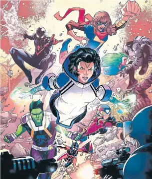  ?? MARVEL COMICS ?? Snowguard, a new Canadian superhero created by Jim Zub, is seen at the centre of the cover of Champions 24, ringed by other Marvel Comics heroes.