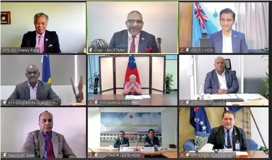  ??  ?? Minister for Commerce, Trade, Tourism and Transport Faiyaz Koya (top centre) and Permanent Secretary Shaheen Ali (top right) during the virtual Pacific ACP Trade Ministers Meeting on July 15, 2021.