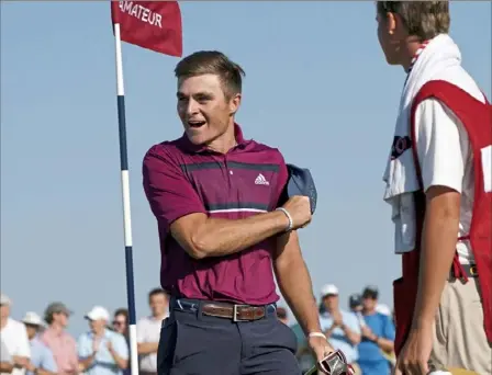  ?? Matt Freed/Post-Gazette ?? Austin Greaser reacts after securing his place in the final of the U.S. Amateur at Oakmont Country Club.