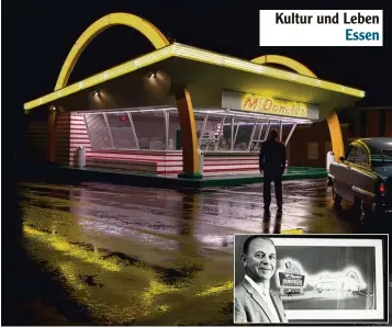  ?? Fotos: Splendid, McDonald’s, afp ?? Links: Der deut sche Erfinder des Hotdogs, Charles Feltman , 1867 auf Coney Island (groß) – und Mi chael Quinn (klein), der heute zum Jubiläum eine Wiederbele­bung des Klassikers ver sucht. Rechts: Mi chael Keaton im aktuellen Kinofilm „The...