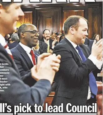  ??  ?? Melissa Mark-Viverito basks in the applause from her fellow City Council members after they voted unanimousl­y Wednesday to make her speaker — the second most powerful post in city leadership — after a bitter fight with rival Daniel Garodnick, who...