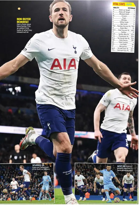  ?? ?? NON-BUYER REMORSE! Harry Kane gave Manchester City an added-time taste of what they missed out on
SPURRED ON
Kane put Tottenham 2-1 in front on 59mins
SPOT ON Mahrez penalty seemed to have saved a point