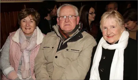  ??  ?? Marie Power, Tom Doyle and Mary Doyle enjoying the Wexford Light Opera Society concert in Barntown Church on Thursday evening.
