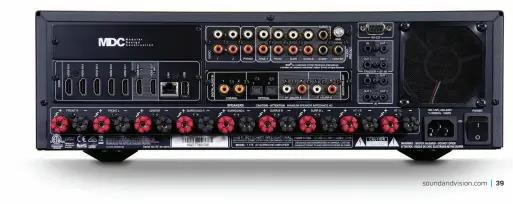  ??  ?? There are no analog video inputs on the NAD'S rear panel, but a unique MDC slot allows for future connectivi­ty upgrades.