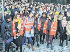  ??  ?? Solidarity: Google workers gather outside the Dublin office