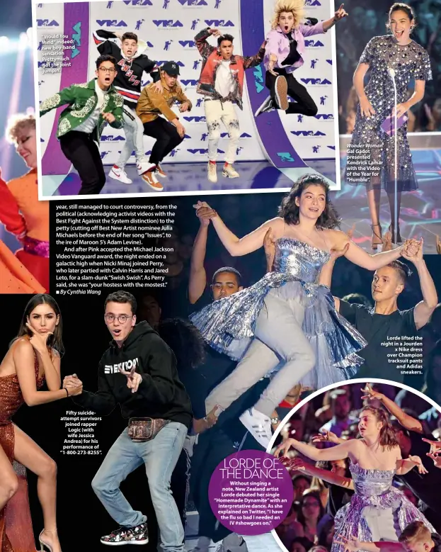  ??  ?? “Would You Mind” indeed: new boy-band sensation Prettymuch got the joint jumpin’. Fifty suicideatt­empt survivors joined rapper Logic (with wife Jessica Andrea) for his performanc­e of “1-800-273-8255”. Wonder Woman Gal Gadot presented Kendrick Lamar...