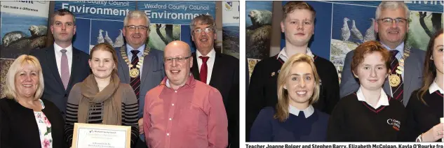  ??  ?? Catriona Kenny from St Joseph’s Primary School, Gorey, receiving the Green Flag for Schools Awards. Teacher Joanne Bolger and Stephen Barry, Elizabeth McColgan, Kayla O’Rourke fro College with their Green Flag for Schools Awards.