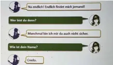  ?? Foto: Dorothee Pfaffel ?? Das Foto zeigt einen möglichen Chat Verlauf mit dem Bot „Credo“. Das Aussehen der fiktiven Figur wird erst kurz vor Ausstellun­gsbeginn bekanntgeg­eben. Erst dann kann man die innovative App herunterla­den – kostenlos.