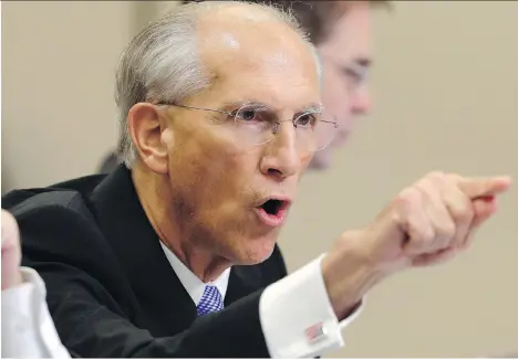  ?? NATI HARNIK/AP ?? Dave Domina, pictured, the landowners’ attorney, grills TransCanad­a executive Tony Palmer during the opening session Monday of the five-day Nebraska Public Service Commission hearings that will determine whether the US$8-billion Keystone XL pipeline is...