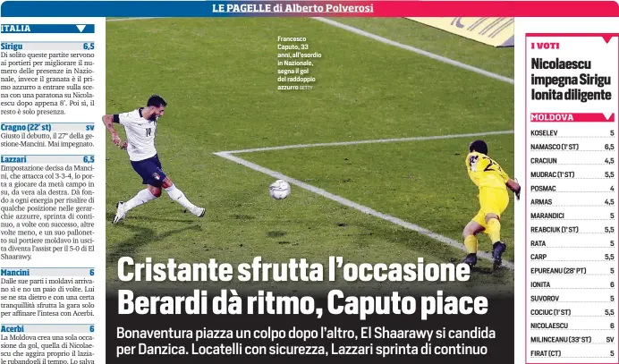  ?? GETTY ?? Francesco Caputo, 33 anni, all’esordio in Nazionale, segna il gol del raddoppio azzurro