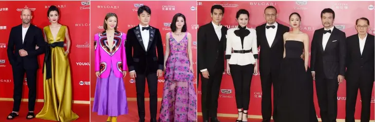  ??  ?? (From left)) Actress Li Bingbing and actor Jason Statham arriving for the opening ceremony. • Cast members (from left) Sammi Cheng, Tong Dawei and Charlene Choi of ‘Fatal Visit’ on the red carpet on arrival. • Actor Eddie Peng (left) director Jiang Wen...