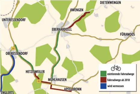  ?? GRAFIK: MICHELLE BARBIC ?? Wann der Radweg entlang der B 30 kommt (blau), ist noch offen.