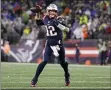  ?? STEVEN SENNE - THE ASSOCIATED PRESS ?? New England Patriots quarterbac­k Tom Brady rolls out to pass for a touchdown to Julian Edelman in the second half of an NFL football game against the Cleveland Browns, Sunday, Oct. 27, 2019, in Foxborough, Mass.