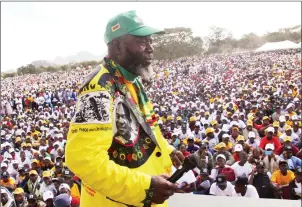  ??  ?? Buhera South legislator Cde Joseph Chinotimba entertains thousands of ZANU-PF supporters at a rally which was addressed by the revolution­ary party’s First Secretary and President, Cde ED Mnangagwa at Murambinda B Primary School on Saturday