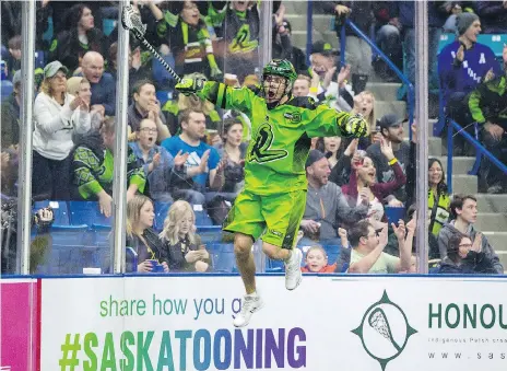  ?? KAYLE NEIS ?? Saskatchew­an Rush forward Jeff Shattler celebrates one of his two goals at home Saturday against Calgary.