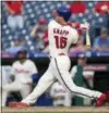  ?? LAURENCE KESTERSON — THE ASSOCIATED PRESS ?? Philadelph­ia Phillies’ Andrew Knapp (15) follows through on a walkoff home run in the 13th inning of a baseball game against the Washington Nationals, Sunday in Philadelph­ia.