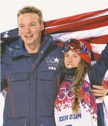  ?? JACK GRUBER, USA TODAY SPORTS ?? David Wise and Maddie Bowman celebrate after winning halfpipe gold medals. “I think we as freeskiers know we owe a lot to snowboardi­ng,” Wise said.