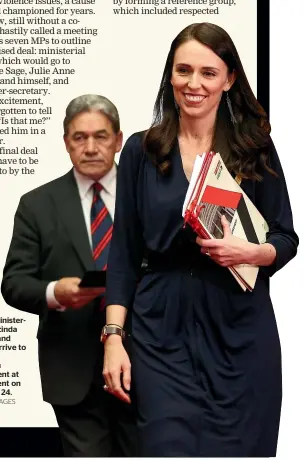  ?? GETTY IMAGES ?? Prime ministerel­ect Jacinda Ardern and Peters arrive to sign the coalition agreement at Parliament on October 24.