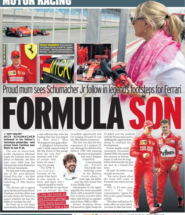  ??  ?? Schumacher Jnr shows he has a need for speed in a Ferrari – like his famous father Michael – as mum Corinna looks on