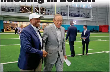  ?? Mike Stocker
/ Union Democrat ?? Miami Dolphins General Manager Chris Grier congratula­tes team owner Stephen Ross during the grand opening for the Dolphins’ new Baptist Healthtrai­ning Complex next to the Hard Rock Stadium in Miami Gardens Florida on Tuesday, July 20, 2021. (Mike Stocker/south Florida Sun Sentinel/tns)