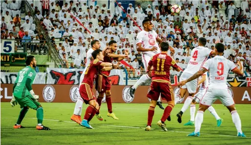  ?? Photo by Neeraj Murali ?? Diago of Al Sharjah attempts to score a goal against Al Wahda during their semifinal clash in the President’s Cup in Dubai on Wednesday. —