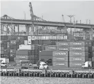  ?? FREDERIC J. BROWN/AFP, TNS ?? Containers stacked high are seen at the Port of Los Angeles on Sept. 28 in Los Angeles. Supply chain woes continue to be a drag on the U.S. economy.