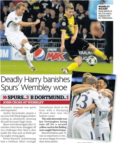  ??  ?? WEMBLEY WIZARD Kane blasts in No.3 to seal a massive win for Tottenham SON SHINES Spurs stars hail the Korean ace after his early opener