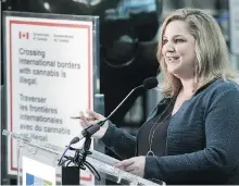  ?? NICK PROCAYLO ?? Robyn McVicker, vice-president of operations and maintenanc­e at YVR, speaks to media on Tuesday about carrying cannabis on planes. She recommends flyers learn the rules before taking off.