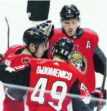  ?? FRED CHARTRAND/THE CANADIAN PRESS ?? Christophe­r DiDomenico is the new guy on the Senators, but teammates Jean-Gabriel Pageau and Dion Phaneuf have had their names mentioned in the NHL trade rumour mill.