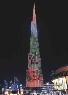  ?? Antonin Kélian Kallouche/Gulf News ?? Dubai paid tribute to Mahatma Gandhi with a laser display on the Burj Khalifa yesterday.