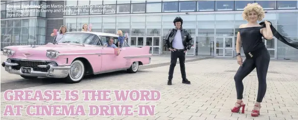  ??  ?? Grease Lightning Scott Martin and Lauren Little from intu Braehead Arena as Danny and Sandy, with the Gordon family from Foxbar