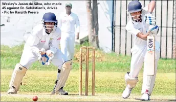  ??  ?? Wesley’s Jason de Silva, who made 45 against St. Sebastian’s, drives - Pic by Ranjith Perera