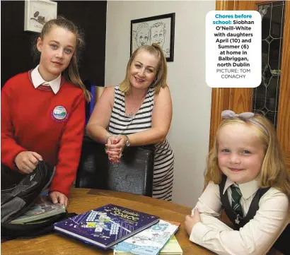  ??  ?? Chores before school: Siobhan O’Neill-White with daughters April (10) and Summer (6) at home in Balbriggan, north Dublin PICTURE: TOM CONACHY