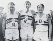  ??  ?? 0 Today in 1954 Roger Bannister, flanked here by Chris Chataway and Chris Brasher, ran first sub-four minute mile