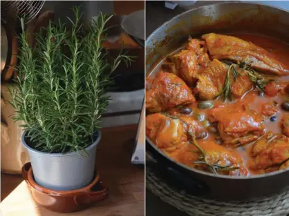  ?? Photograph: Rachel Roddy/The Guardian ?? Rachel Roddy’s chicken with tomatoes, rosemary and garlic.