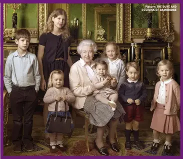  ?? ?? Picture: THE DUKE AND DUCHESS OF CAMBRIDGE
FAMILY ROCK: The Queen with two of her grandchild­ren – James and Louise – and
five of her great-grandchild­ren – Mia, baby Charlotte, Savannah, George and Isla