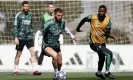  ?? Photograph: Antonio Villalba/Real Madrid/Getty Images ?? Karim Benzema (left) and Antonio Rüdiger are preparing to face Liverpool in the last 16 second leg of the Champions League.