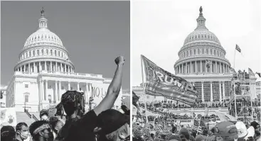  ?? AP PHOTOS ?? In this combinatio­n of photos, demonstrat­ors, left, protest June 4, 2020, in front of the U.S. Capitol in Washington, over the death of George Floyd and on Jan. 6, 2021, supporters of then-President Donald Trump rally at the same location.