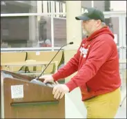  ?? (NWA Democrat-Gazette/Susan Holland) ?? Chuck Mayo speaks to members of the Gravette School Board in support of starting a wrestling program in Gravette schools.