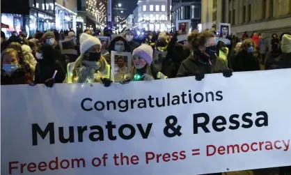  ?? ?? A parade honouring Nobel prize-winning journalist­s Maria Ressa and Dmitry Muratov in Oslo, Norway, 10 December 2021. Photograph: Sergei Bobylev/Tass