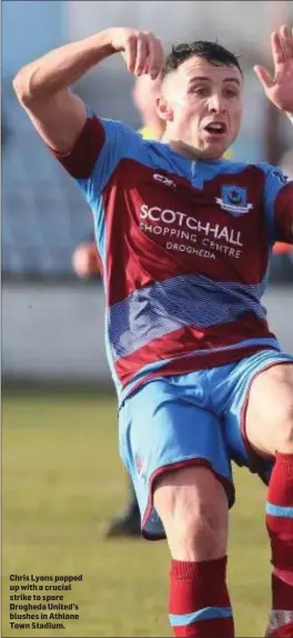  ??  ?? Chris Lyons popped up with a crucial strike to spare Drogheda United’s blushes in Athlone Town Stadium.