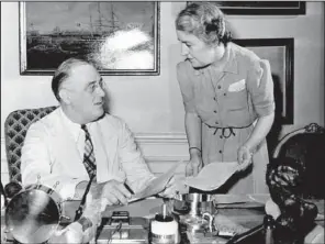  ?? Courtesy of The Franklin D. Roosevelt Presidenti­al Library and Museum ?? President Franklin D. Roosevelt and his private secretary, M.A. (Missy) LeHand. LeHand handled the President’s correspond­ence, including a letter from a then 8-year-old Arkansas boy, Forest Delano Roosevelt Ferguson.