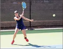  ??  ?? Lauren O’Malley, a senior at John Carroll University, rips a forehand winner in her Thursday match at the ITA Oracle Cup championsh­ips at the Rome Tennis Center at Berry College. / Doug Walker