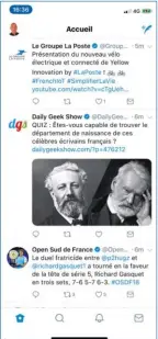  ??  ??    
L’interface de Twitter est organisée en trois zones principale­s. Remarquez l’existence d’un écran supplément­aire que vous affichez en faisant glisser le fil d’actualités vers la droite.