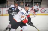  ?? PHOTO PROVIDED BY ANDY CAMP ?? Thunder forward Ty Loney (24) looks for pass in Saturday’s game against Brampton, which Adirondack won, 2-1. Loney has been selected to play in this month’s ECHL All-Star Classic in Indianapol­is.