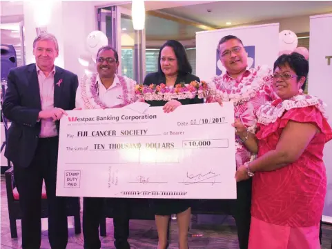  ?? Photo: Minstry of Health and Medical Services ?? From left: Permanent Secretary for Health and Medical Services Philip Davies, Tanoa Hotel Group Area General manager - Fiji Narendra Kumar, Minister for Health and Medical Services Rosy Akbar, Fiji Cancer Society president Philip Low and cancer...
