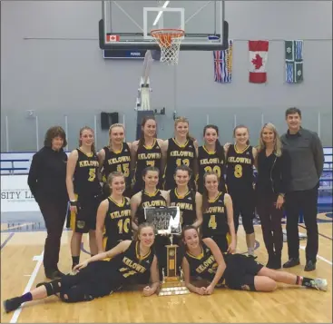  ?? Photo submitted ?? The Kelowna Owls senior girls’ basketball team poses with its sixth-place trophy from provincial­s in Langley. Back row, from left: Heather Semeniuk, Maddie Dickie, Madi Martens, Chelsea Espenberg, Kennedy Dickie, Grace DeMug, Rachel Hare, Sandy...