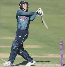  ??  ?? Jason Roy hits a six on his way to a century at the Emirates Riverside yesterday.