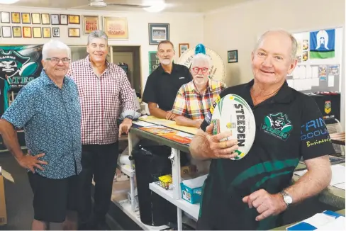  ??  ?? HAVING A BALL: Cairns Touch old boys Garry Williams, Gary Cameron, Max Bryant, Lee Williams and David Jackson in the clubhouse getting prepared for their 35-year anniversar­y reunion during Queen’s Birthday weekend. Picture: BRENDAN RADKE