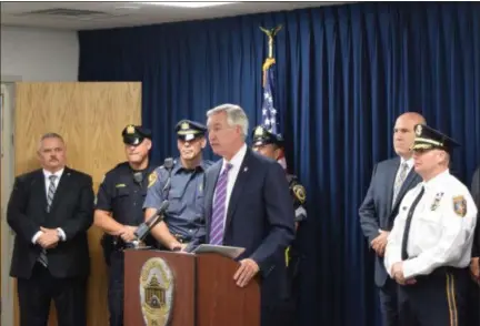  ?? PHOTO BY MARIAN DENNIS — DIGITAL FIRST MEDIA ?? Montgomery County District Attorney Kevin Steele held a press conference Wednesday to announce charges against four Montgomery County doctors that prosecutor­s allege were illegally prescribin­g opioids.